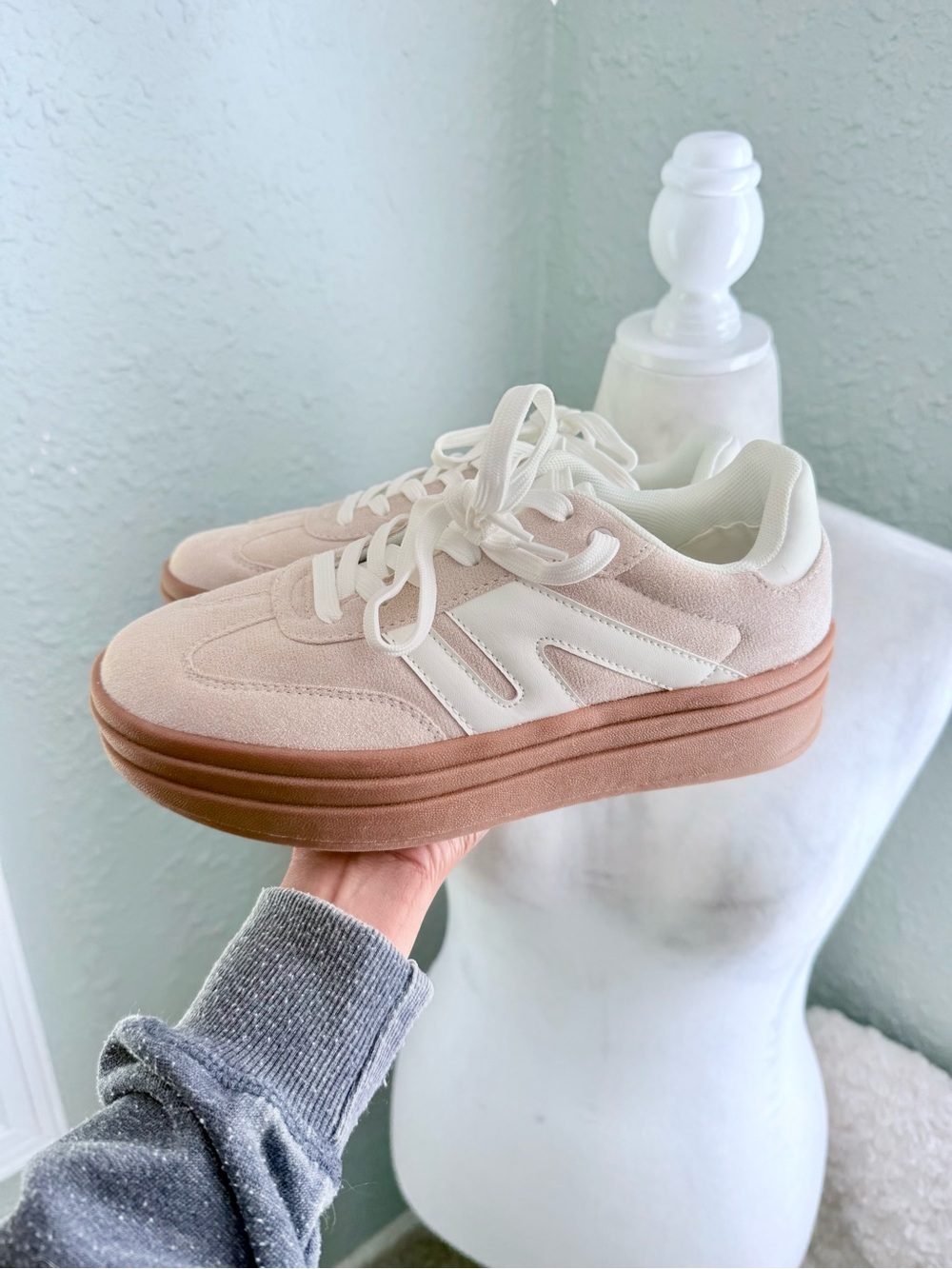 Platform Suede-Trim Sneakers in Cream and Tan Gum Sole
